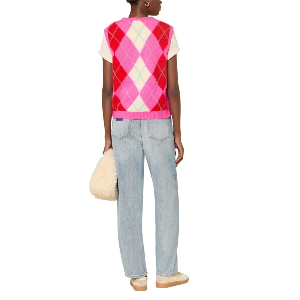 American Vintage Alpaca Blend Vitow Argyle Sweater Vest Pink Medium - Picture 2 of 10